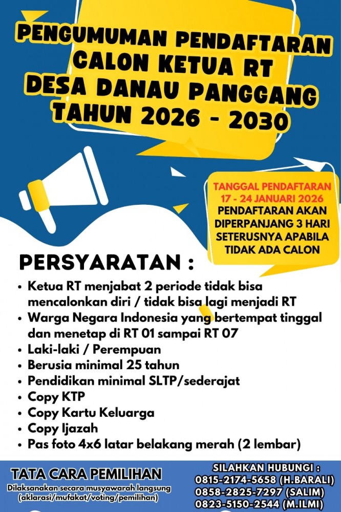 PENGUMUMAN PENDAFTARAN CALON KETUA RT DESA DANAU PANGGANG 